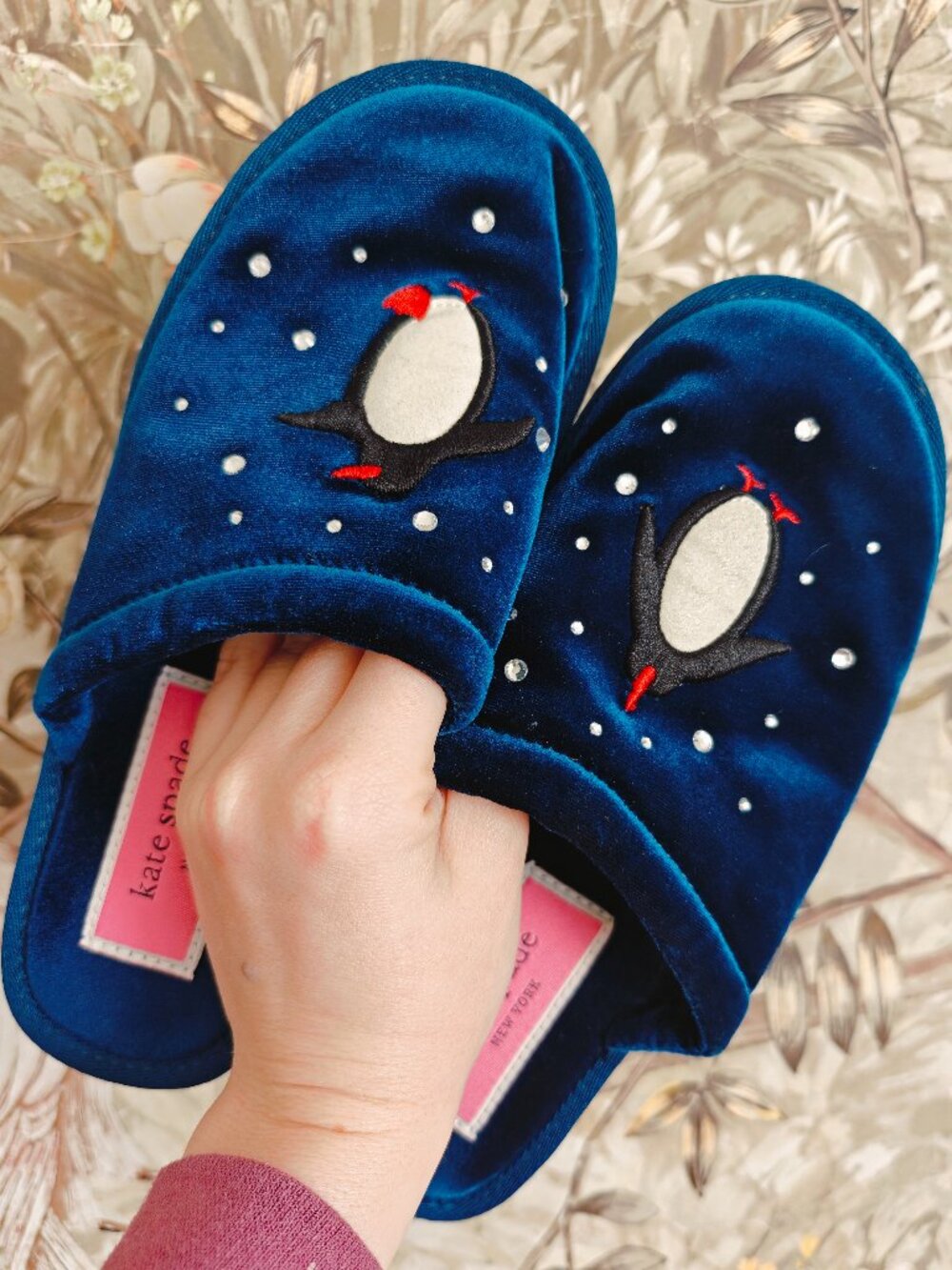 Kate Spade Jolie Navy Velvet Penguin Rhinestone Slippers Sz. 6.5